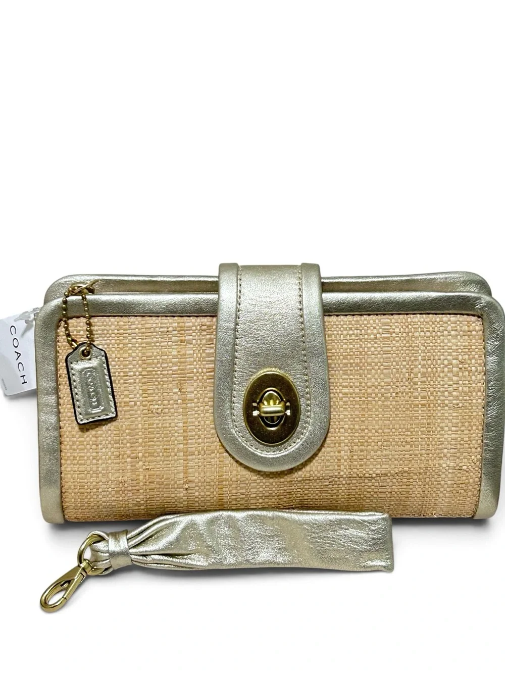 COACH Parker Natural Straw and Gold Metallic Leather Wristlet/Clutch NWT